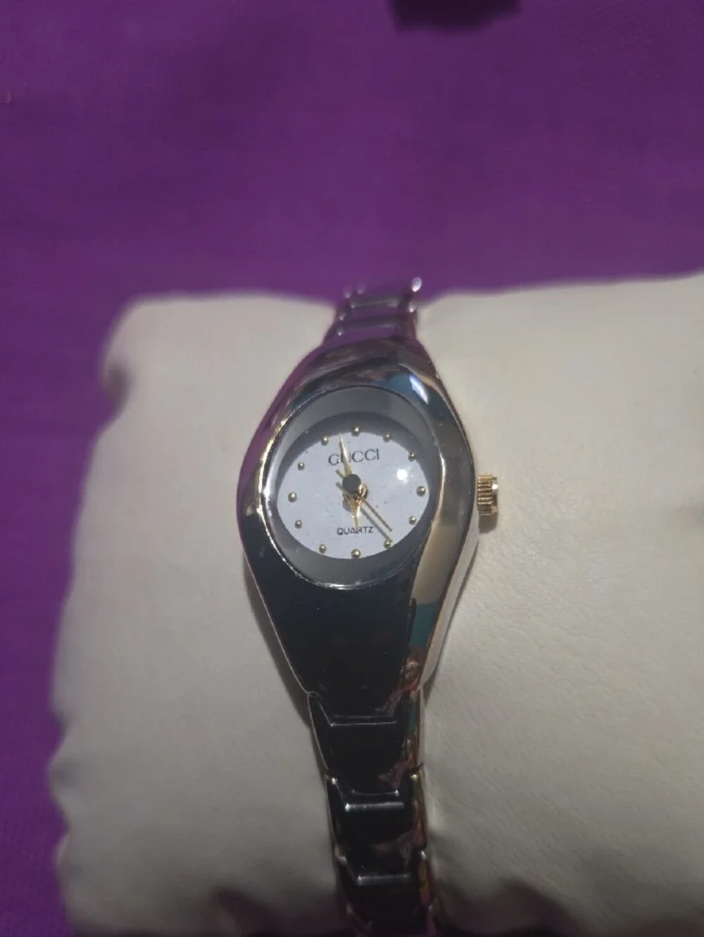 Gucci Silver-Tone Bracelet Watch with White Dial and Gold Accents